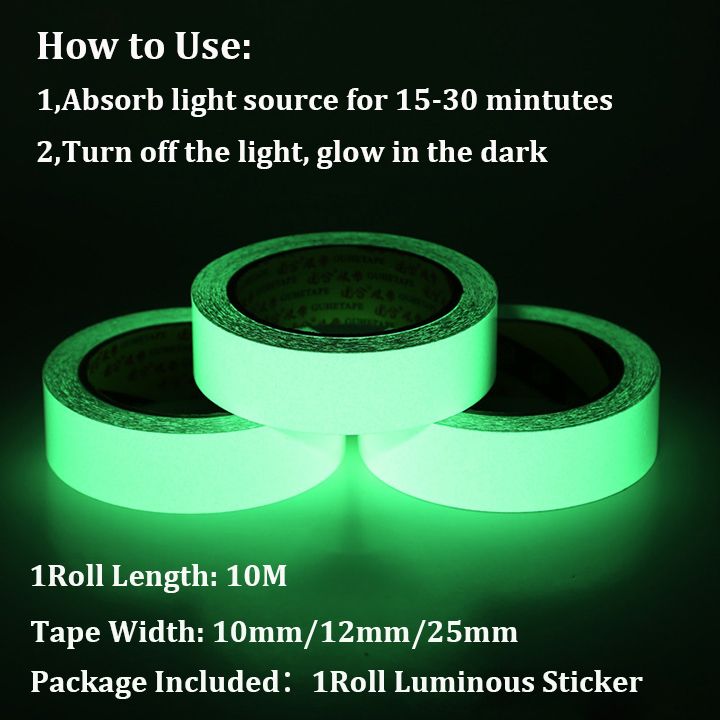 10M Fluorescent Tape Self-adhesive Warterproof Glow in The Dark Tape Safety Warning Stickers 10mm/12mm/25mm