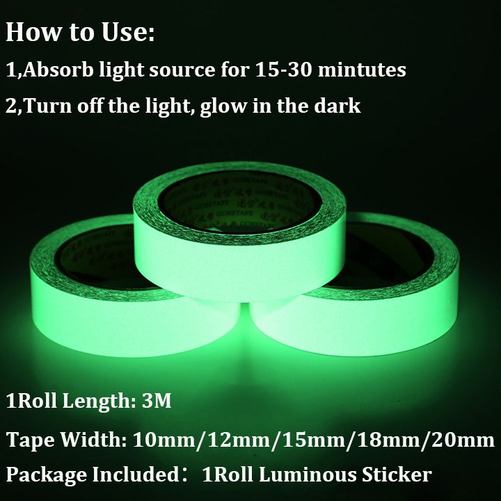 10mm/12mm/15mm/18mm/20mm Glow in The Dark Tape Warterproof Self-adhesive Luminous Fluorescent Safety Signs Stickers