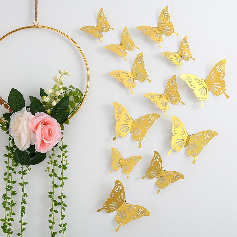 48 Pcs Gold Butterfly Wall Decor 3D Hollow Out Stickers For Christmas Wedding Birthday Party Room Decor