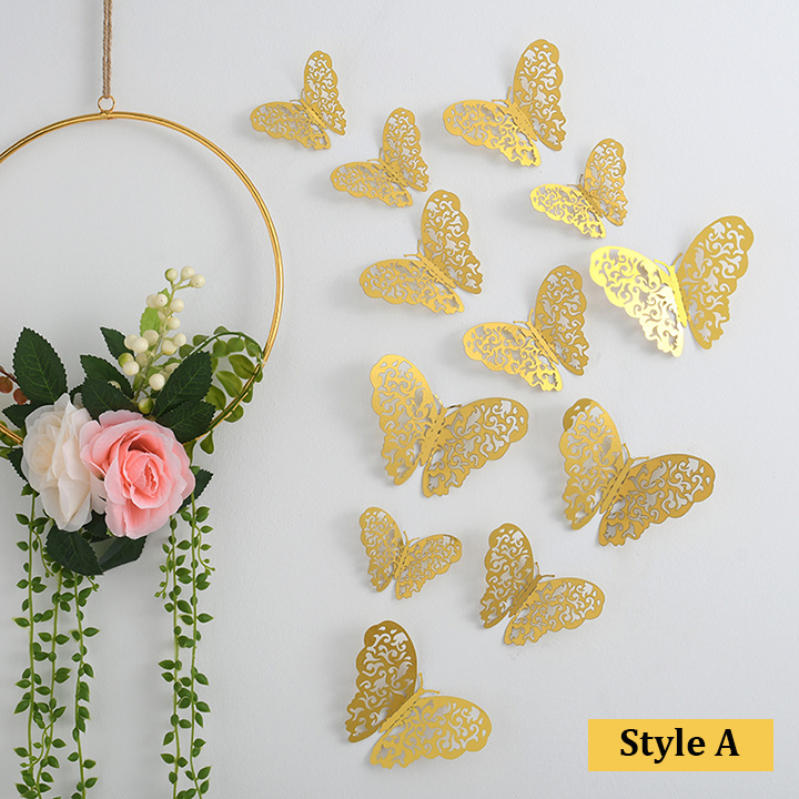 48 Pcs Gold Butterfly Wall Decor 3D Hollow Out Stickers For Christmas Wedding Birthday Party Room Decor