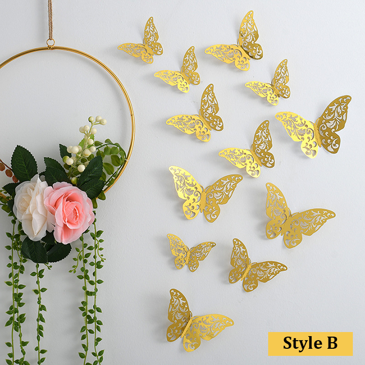 48 Pcs Gold Butterfly Wall Decor 3D Hollow Out Stickers For Christmas Wedding Birthday Party Room Decor
