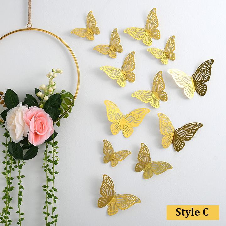 48 Pcs Gold Butterfly Wall Decor 3D Hollow Out Stickers For Christmas Wedding Birthday Party Room Decor