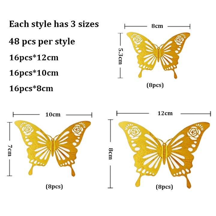 48 Pcs Gold Butterfly Wall Decor 3D Hollow Out Stickers For Christmas Wedding Birthday Party Room Decor