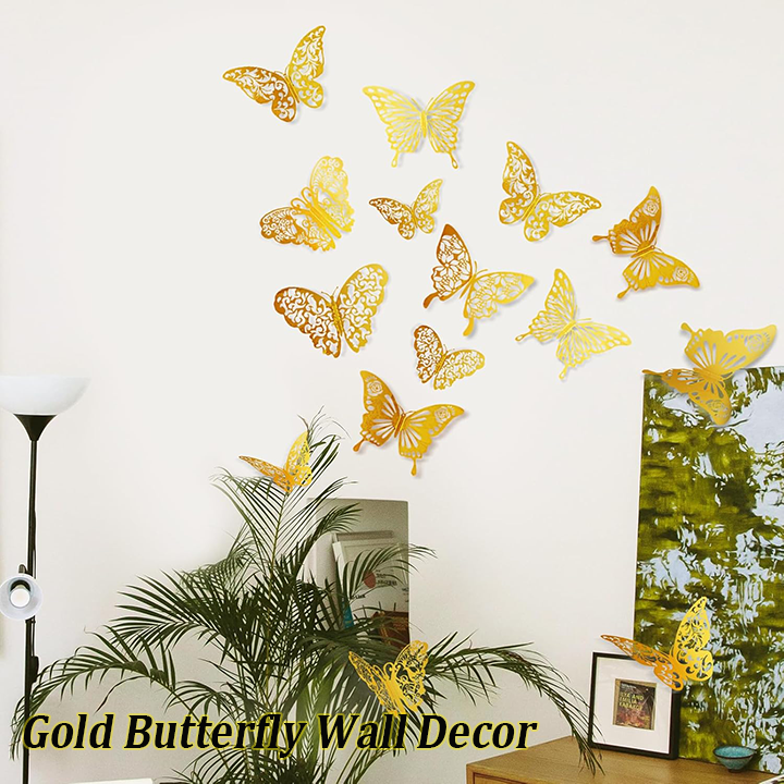 48 Pcs Gold Butterfly Wall Decor 3D Hollow Out Stickers For Christmas Wedding Birthday Party Room Decor