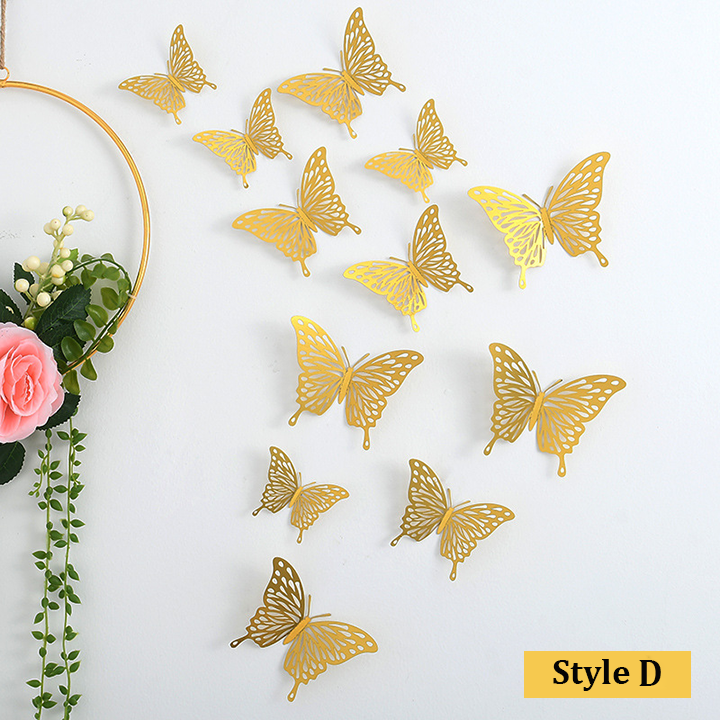 48 Pcs Gold Butterfly Wall Decor 3D Hollow Out Stickers For Christmas Wedding Birthday Party Room Decor