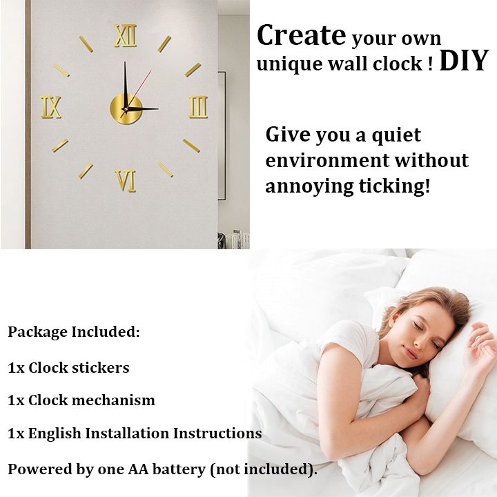 3D Frameless DIY Clocks Silent Non Ticking Mirror Self Adhesive Wall Clock for Living Room Bedroom Office Home and Kitchen
