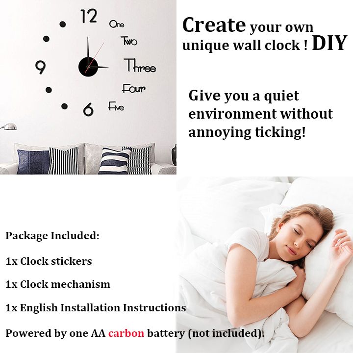DIY Wall Clock 3D Frameless Silent Non Ticking Creative Round Battery Operated Modern Wall Clocks for Living Room Bedroom Office Home and Kitchen