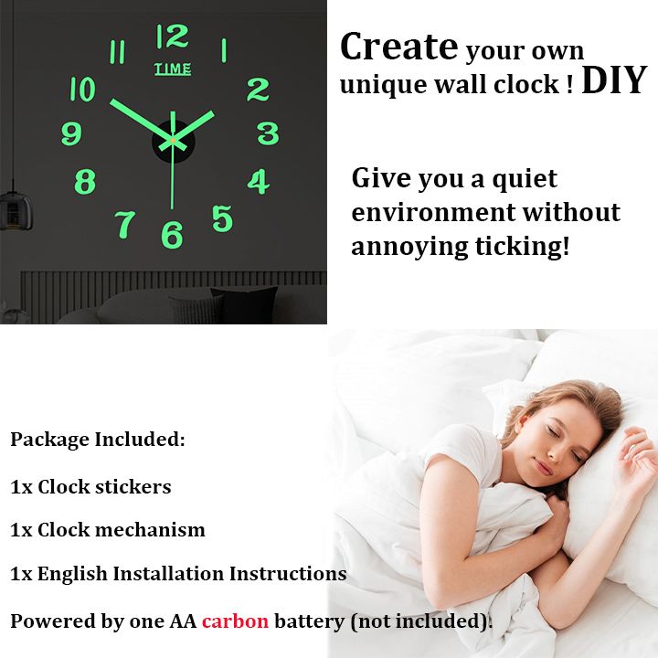 Luminous Creative DIY Wall Clock 3D Mirror Silent Non Ticking Self Adhesive Clocks Modern Wall Stickers for Living Room Bedroom Home Decorations
