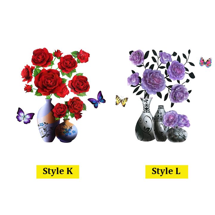 2PCS 3D Flowers Wall Stickers Simulation Plant Vase Home Decor Self-Adhesive Waterproof Removable Stereo Vase Stickers with Flowers and Butterfly for Living Room Bedroom Home