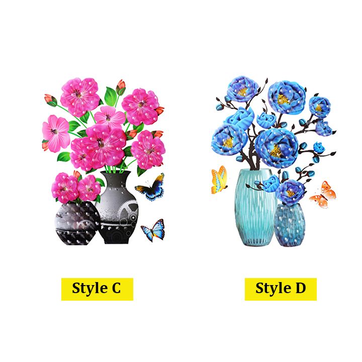 2PCS 3D Flowers Wall Stickers Simulation Plant Vase Home Decor Self-Adhesive Waterproof Removable Stereo Vase Stickers with Flowers and Butterfly for Living Room Bedroom Home