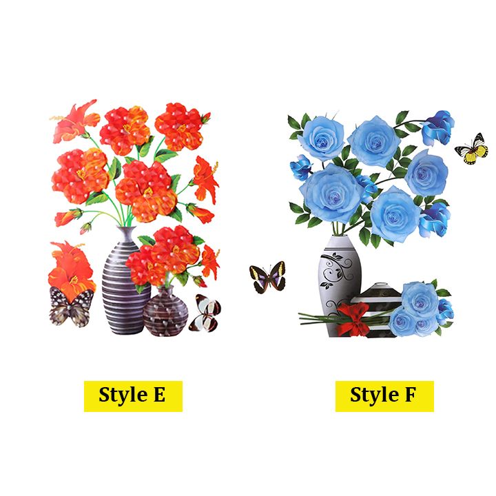 2PCS 3D Flowers Wall Stickers Simulation Plant Vase Home Decor Self-Adhesive Waterproof Removable Stereo Vase Stickers with Flowers and Butterfly for Living Room Bedroom Home