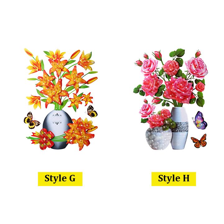 2PCS 3D Flowers Wall Stickers Simulation Plant Vase Home Decor Self-Adhesive Waterproof Removable Stereo Vase Stickers with Flowers and Butterfly for Living Room Bedroom Home