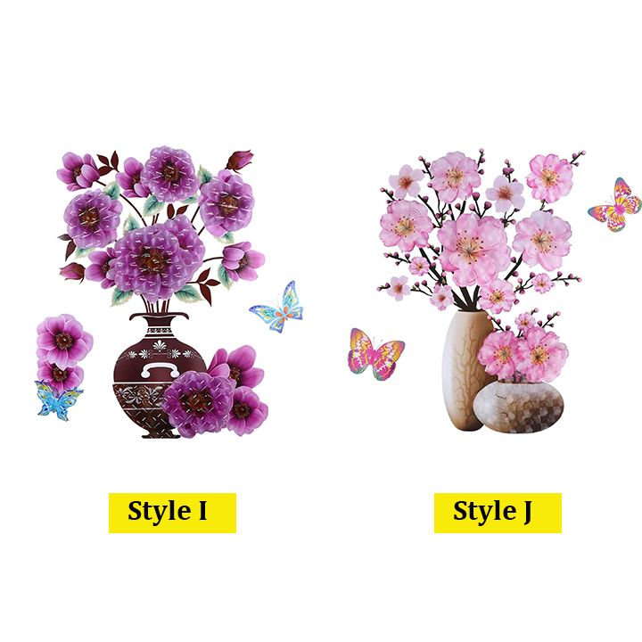 2PCS 3D Flowers Wall Stickers Simulation Plant Vase Home Decor Self-Adhesive Waterproof Removable Stereo Vase Stickers with Flowers and Butterfly for Living Room Bedroom Home