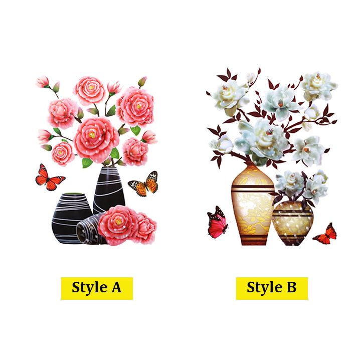 2PCS 3D Flowers Wall Stickers Simulation Plant Vase Home Decor Self-Adhesive Waterproof Removable Stereo Vase Stickers with Flowers and Butterfly for Living Room Bedroom Home
