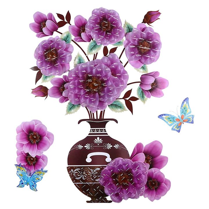 2PCS 3D Flowers Wall Stickers Simulation Plant Vase Home Decor Self-Adhesive Waterproof Removable Stereo Vase Stickers with Flowers and Butterfly for Living Room Bedroom Home