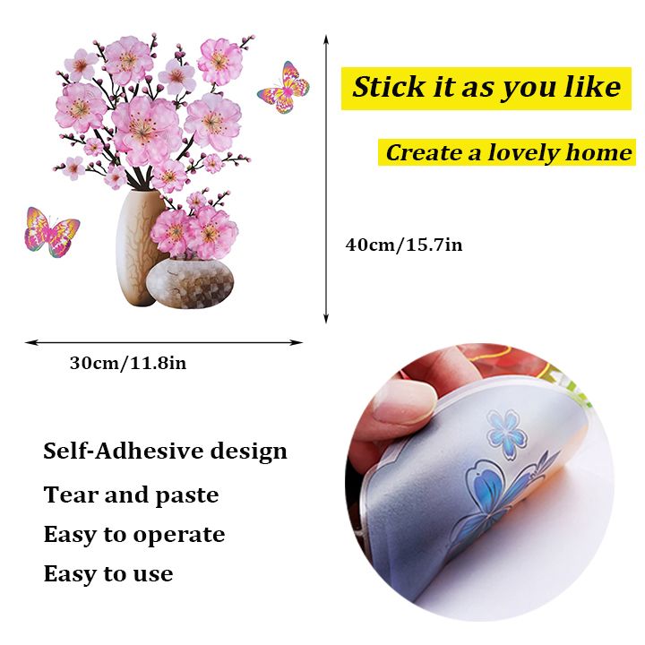 2PCS 3D Flowers Wall Stickers Simulation Plant Vase Home Decor Self-Adhesive Waterproof Removable Stereo Vase Stickers with Flowers and Butterfly for Living Room Bedroom Home