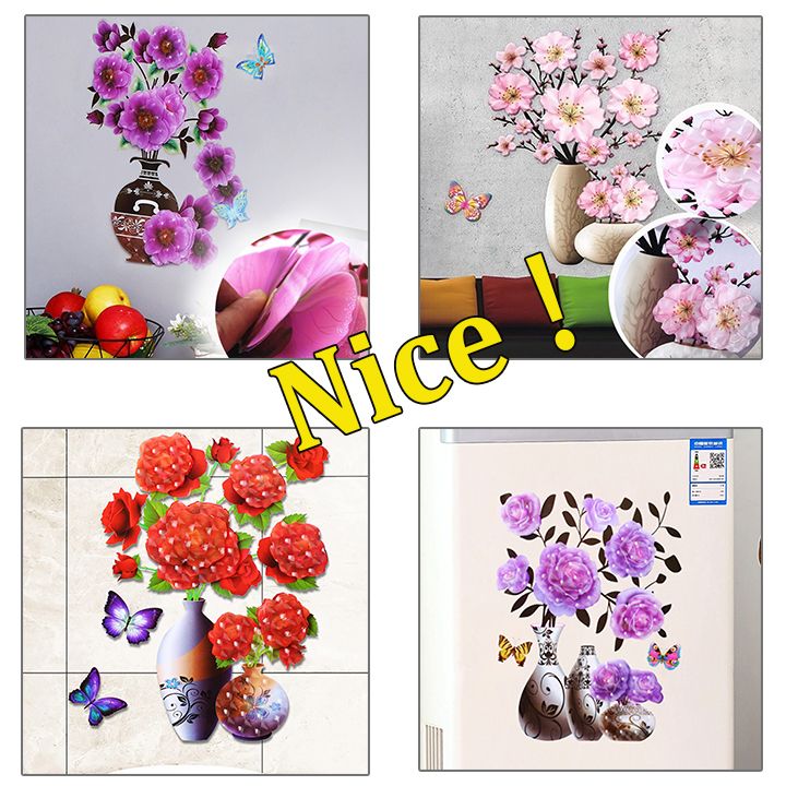 2PCS 3D Flowers Wall Stickers Simulation Plant Vase Home Decor Self-Adhesive Waterproof Removable Stereo Vase Stickers with Flowers and Butterfly for Living Room Bedroom Home