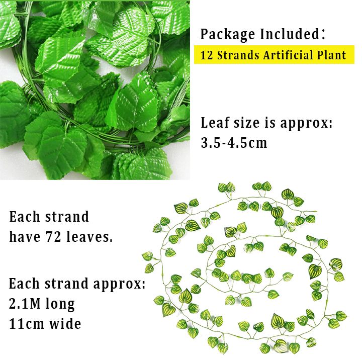 12 Strands Artificial Vines Hanging Plant Leaves Ivy Vines Grape Watermelon Begonia Golden Pothos Leaf Greenery Garlands for Home Bedroom Wall Wedding Party Decor