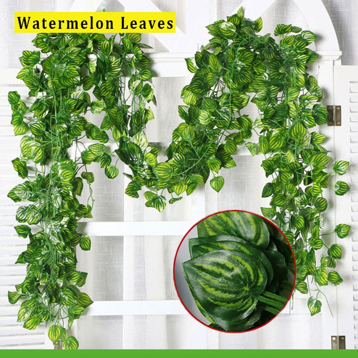 12 Strands Artificial Vines Hanging Plant Leaves Ivy Vines Grape Watermelon Begonia Golden Pothos Leaf Greenery Garlands for Home Bedroom Wall Wedding Party Decor