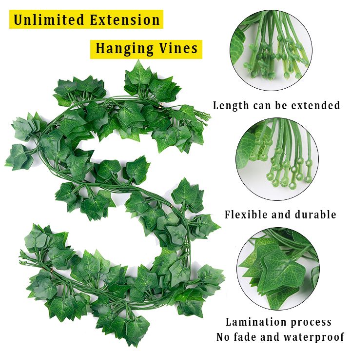 24 PCS Artificial Vines Unlimited Extension Hanging Plant Leaves Waterproof Durable Greenery Garlands for Home Bedroom Wall Wedding Party Decor
