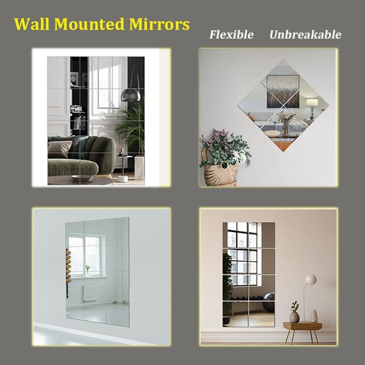 Wall Mounted Mirrors Flexible Unbreakable DIY Peel and Stick Acrylic Mirror Sheets Full Length Wall Mirror Tiles for Home Gym, Bedroom, Door