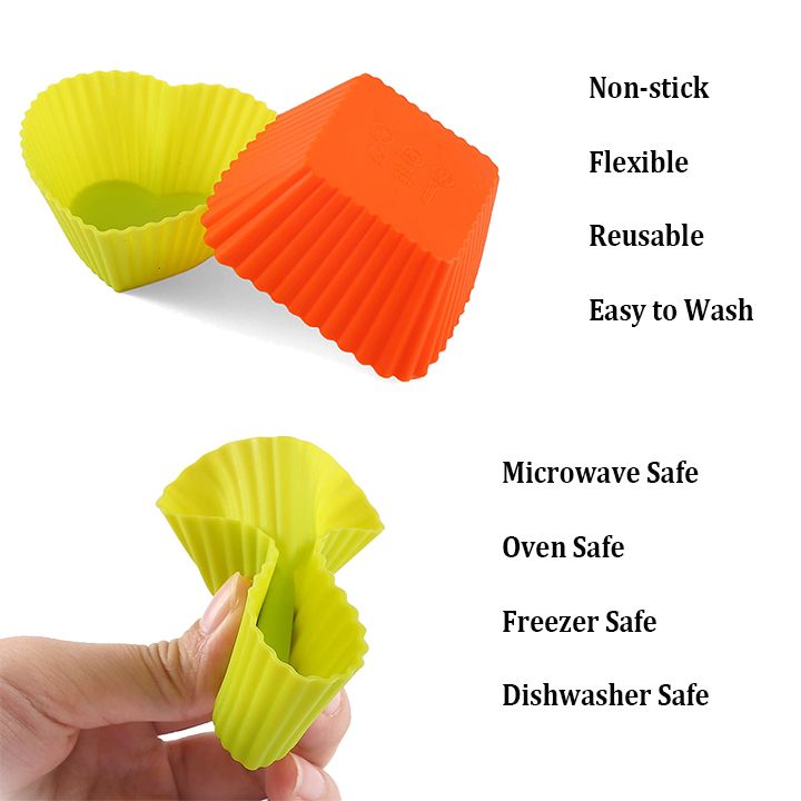 24pcs Reusable Silicone Baking Cups Non-Stick Food Grade Cake Mold Heart Shape Muffin Cup for Party Wedding Birthday Cake Decoration