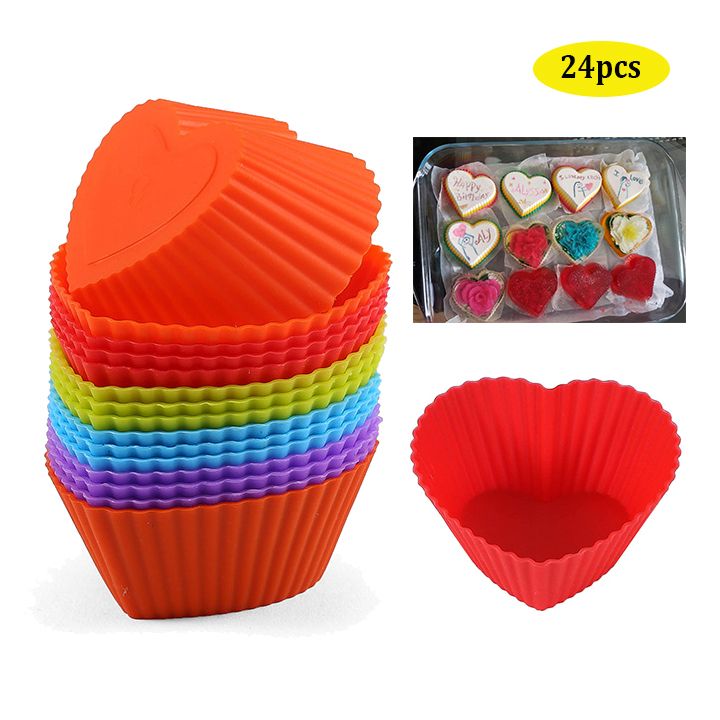 24pcs Reusable Silicone Baking Cups Non-Stick Food Grade Cake Mold Heart Shape Muffin Cup for Party Wedding Birthday Cake Decoration