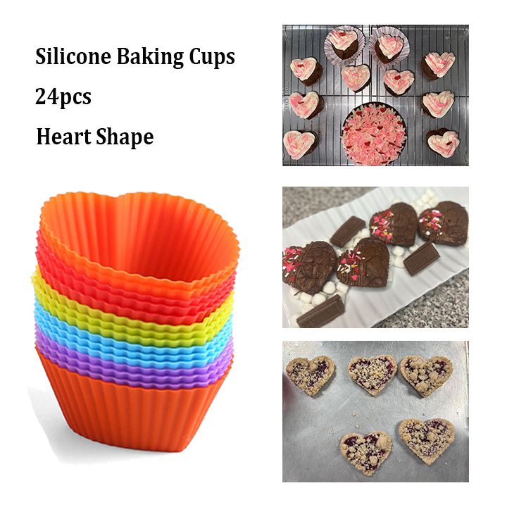 24pcs Reusable Silicone Baking Cups Non-Stick Food Grade Cake Mold Heart Shape Muffin Cup for Party Wedding Birthday Cake Decoration