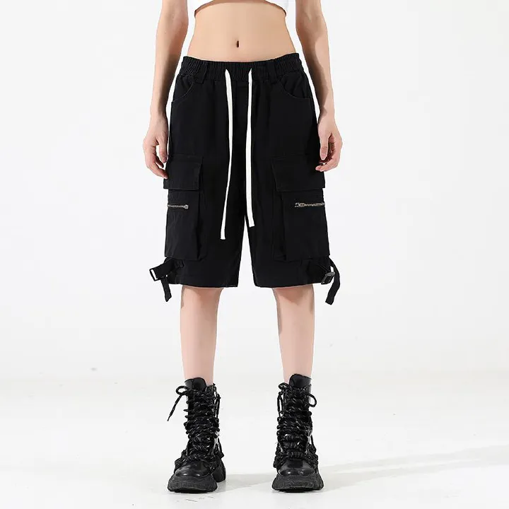 Custom Streetwear Summer Quarter Pants Unisex Hip Hop Cargo Pockets Drawstring Street Shorts for Men  Shorts
