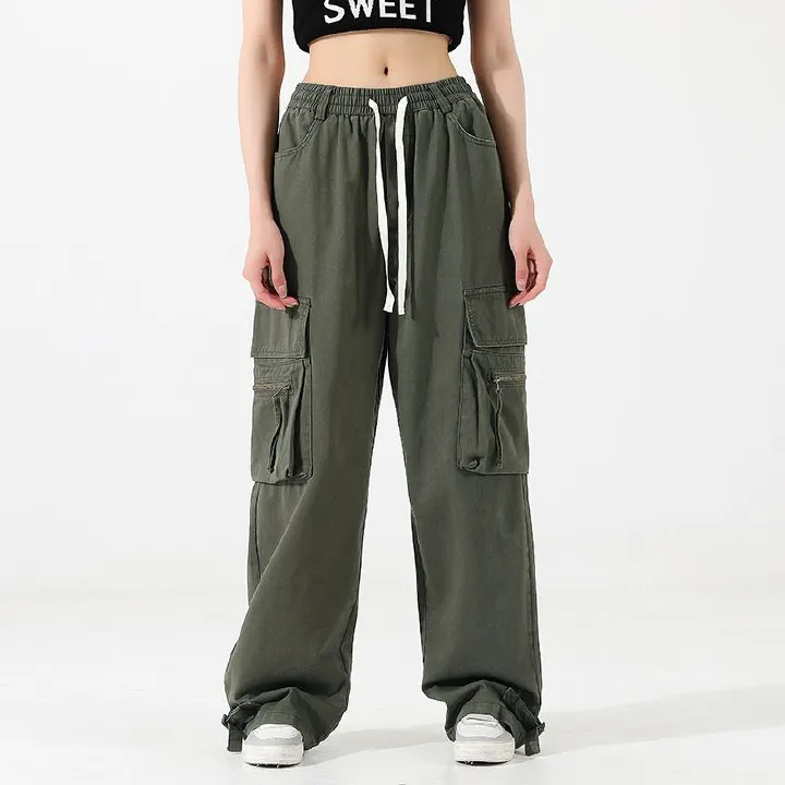 Wholesale Girls hipster retro American straight barrel wide-leg cargo pants   Jeans