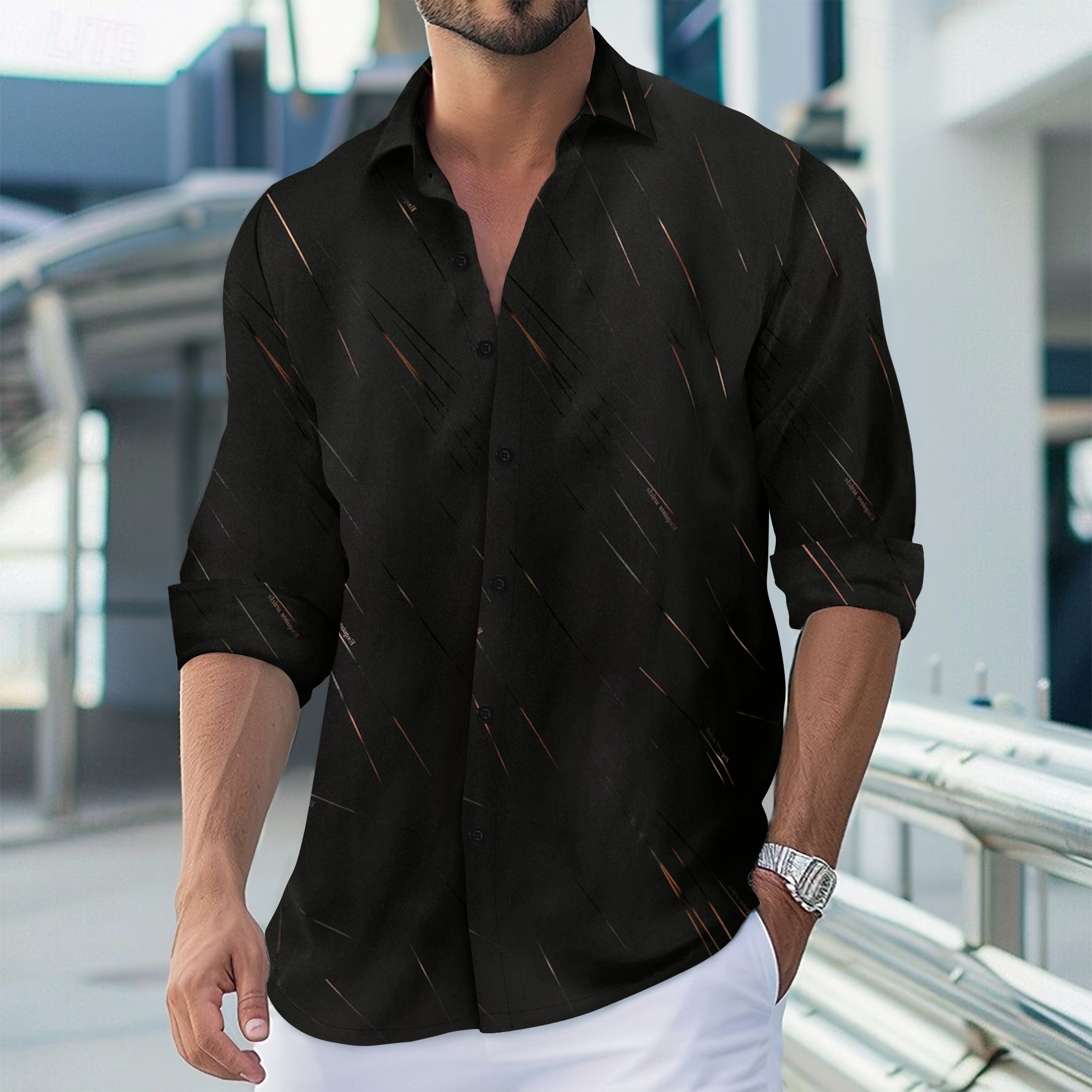 Spring and autumn new men's line printing casual slim long-sleeve shirt