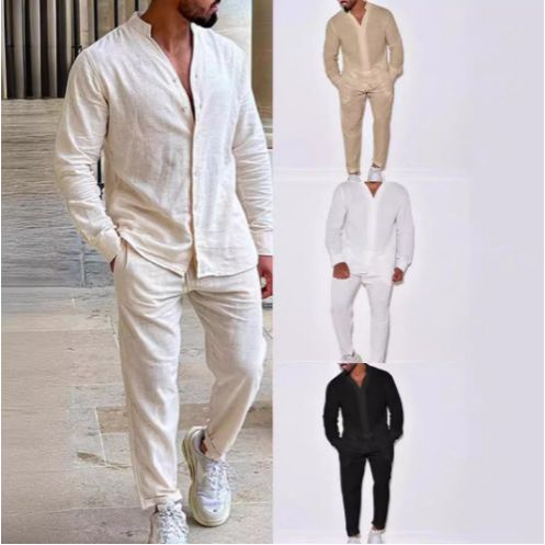 Mens Sets Linen Spring Autumn Leisure Suit Long Sleeve Shirts and Trousers Two Piece Sets Fashion Men Clothing  Two-Piece Outfits