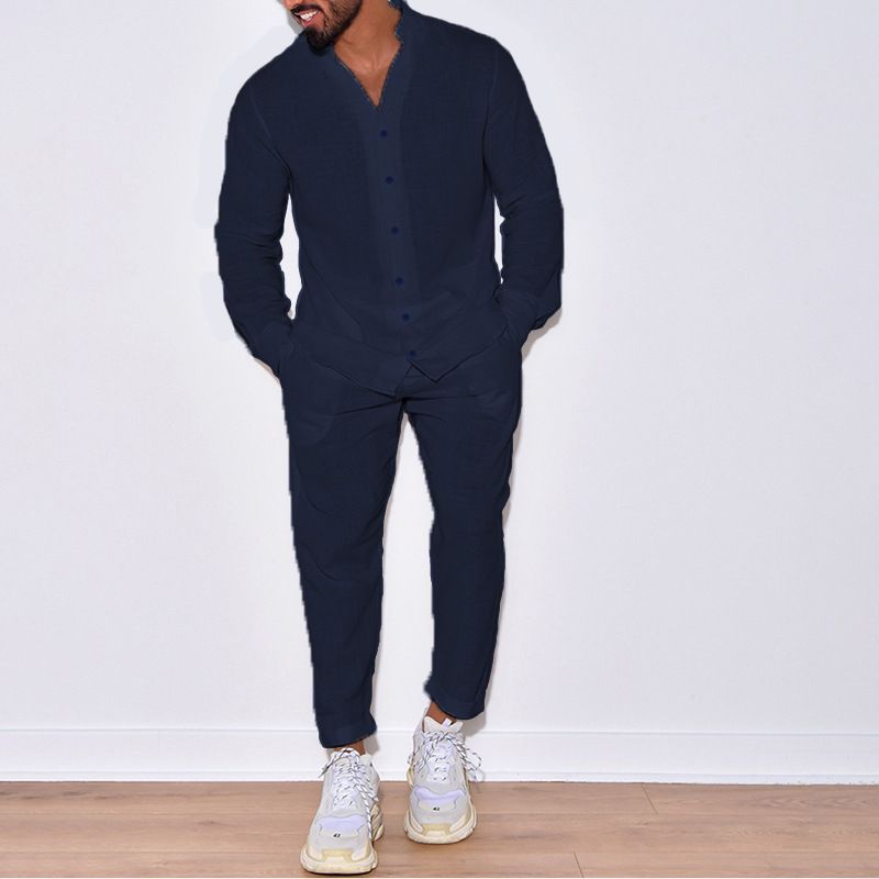 Mens Sets Linen Spring Autumn Leisure Suit Long Sleeve Shirts and Trousers Two Piece Sets Fashion Men Clothing  Two-Piece Outfits