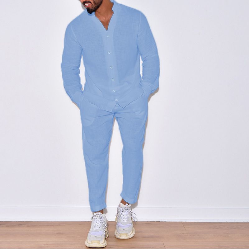 Mens Sets Linen Spring Autumn Leisure Suit Long Sleeve Shirts and Trousers Two Piece Sets Fashion Men Clothing  Two-Piece Outfits