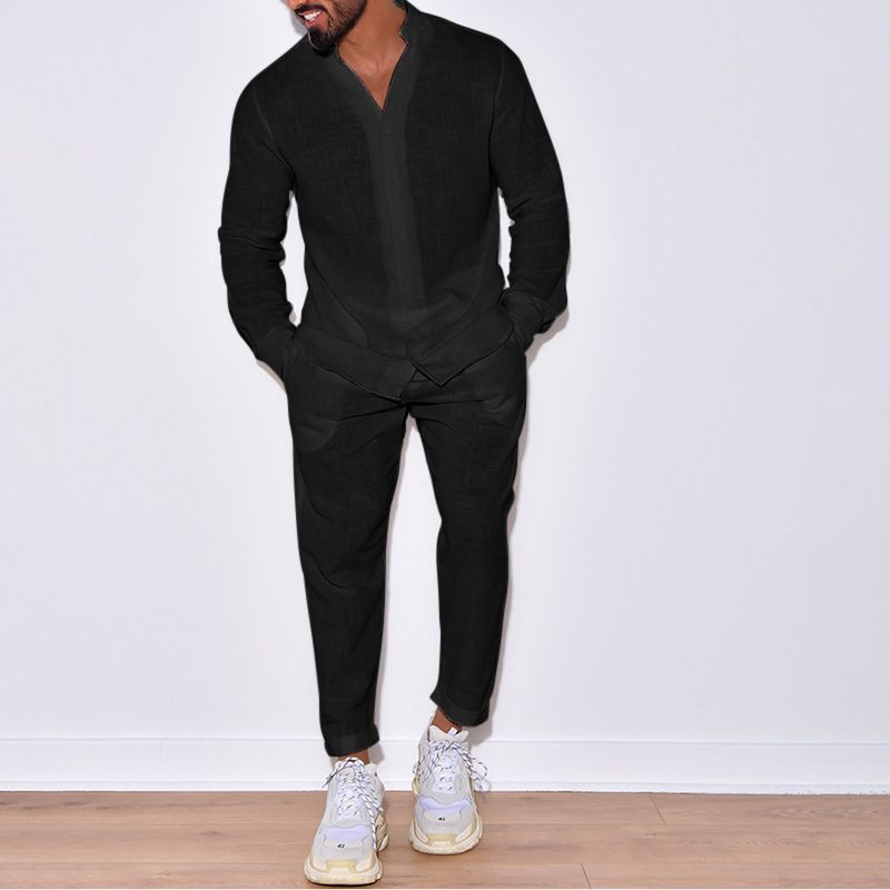 Mens Sets Linen Spring Autumn Leisure Suit Long Sleeve Shirts and Trousers Two Piece Sets Fashion Men Clothing  Two-Piece Outfits