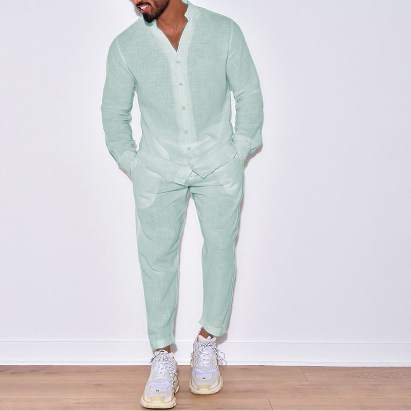 Mens Sets Linen Spring Autumn Leisure Suit Long Sleeve Shirts and Trousers Two Piece Sets Fashion Men Clothing  Two-Piece Outfits