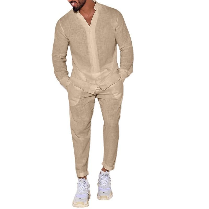 Mens Sets Linen Spring Autumn Leisure Suit Long Sleeve Shirts and Trousers Two Piece Sets Fashion Men Clothing  Two-Piece Outfits