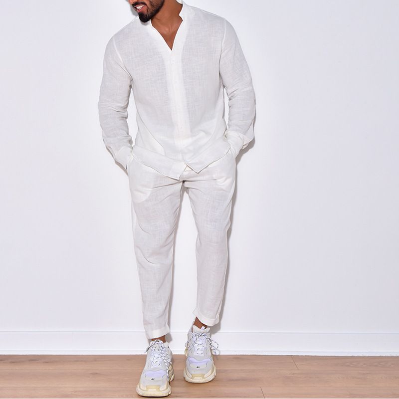 Mens Sets Linen Spring Autumn Leisure Suit Long Sleeve Shirts and Trousers Two Piece Sets Fashion Men Clothing  Two-Piece Outfits