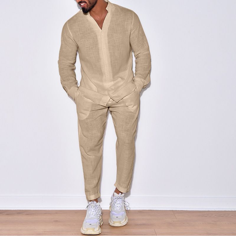 Mens Sets Linen Spring Autumn Leisure Suit Long Sleeve Shirts and Trousers Two Piece Sets Fashion Men Clothing  Two-Piece Outfits