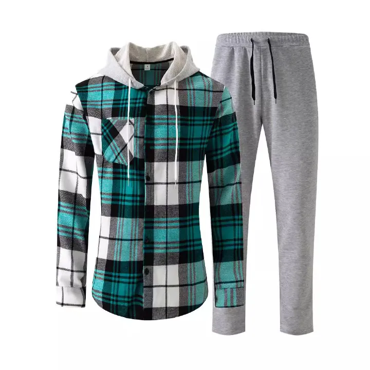 Spring and Autumn New Men's Casual Sports Set with Hooded Long Sleeve Pants and Checkered Shirt Set for Men  Two-Piece Outfits