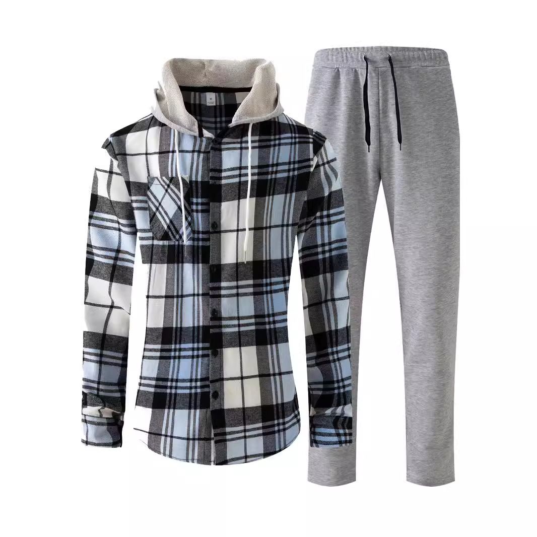 Spring and Autumn New Men's Casual Sports Set with Hooded Long Sleeve Pants and Checkered Shirt Set for Men  Two-Piece Outfits
