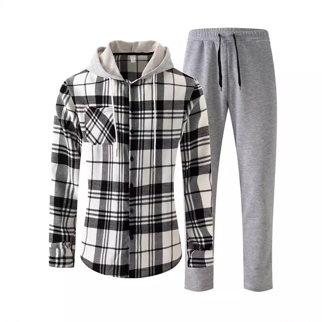 Spring and Autumn New Men's Casual Sports Set with Hooded Long Sleeve Pants and Checkered Shirt Set for Men  Two-Piece Outfits
