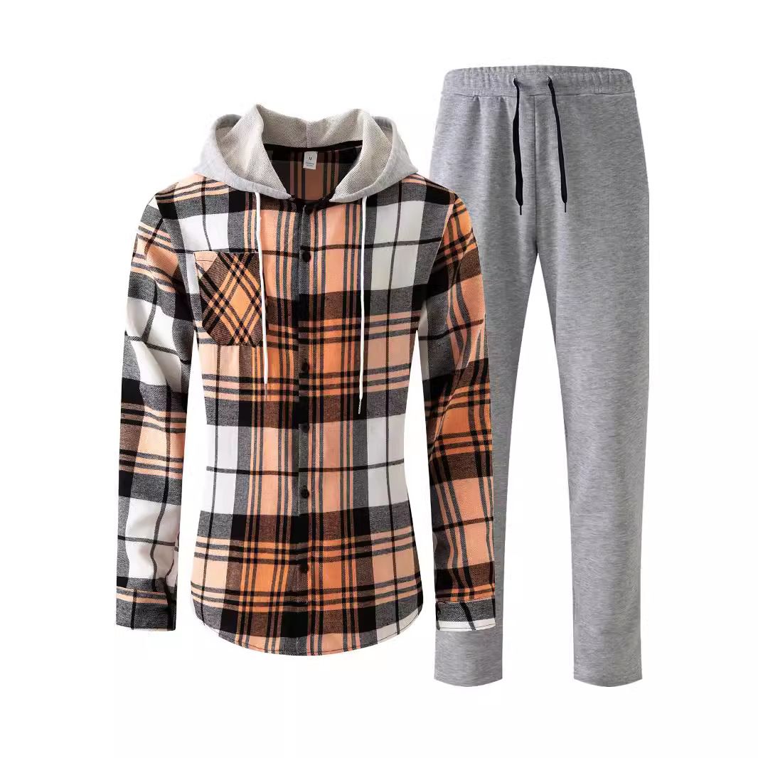 Spring and Autumn New Men's Casual Sports Set with Hooded Long Sleeve Pants and Checkered Shirt Set for Men  Two-Piece Outfits