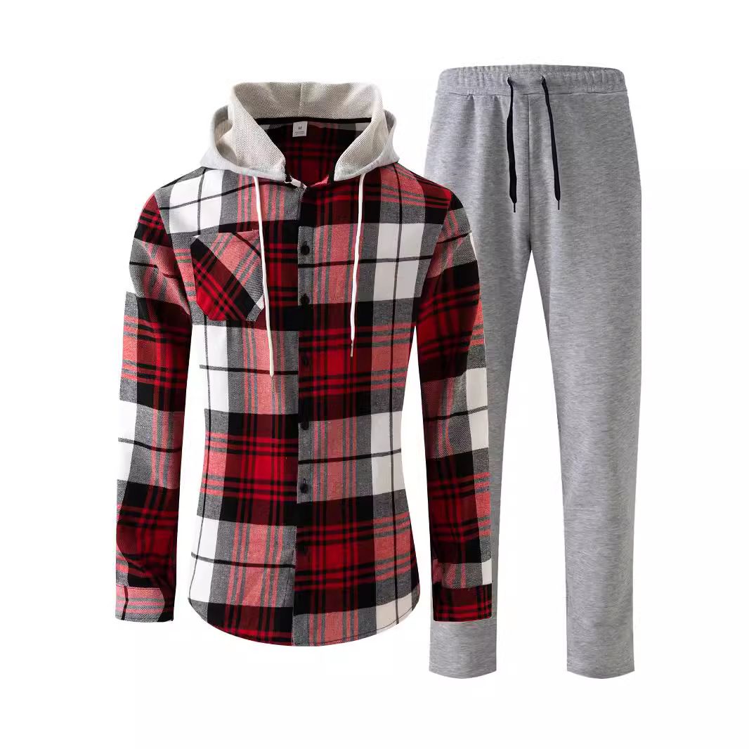 Spring and Autumn New Men's Casual Sports Set with Hooded Long Sleeve Pants and Checkered Shirt Set for Men  Two-Piece Outfits