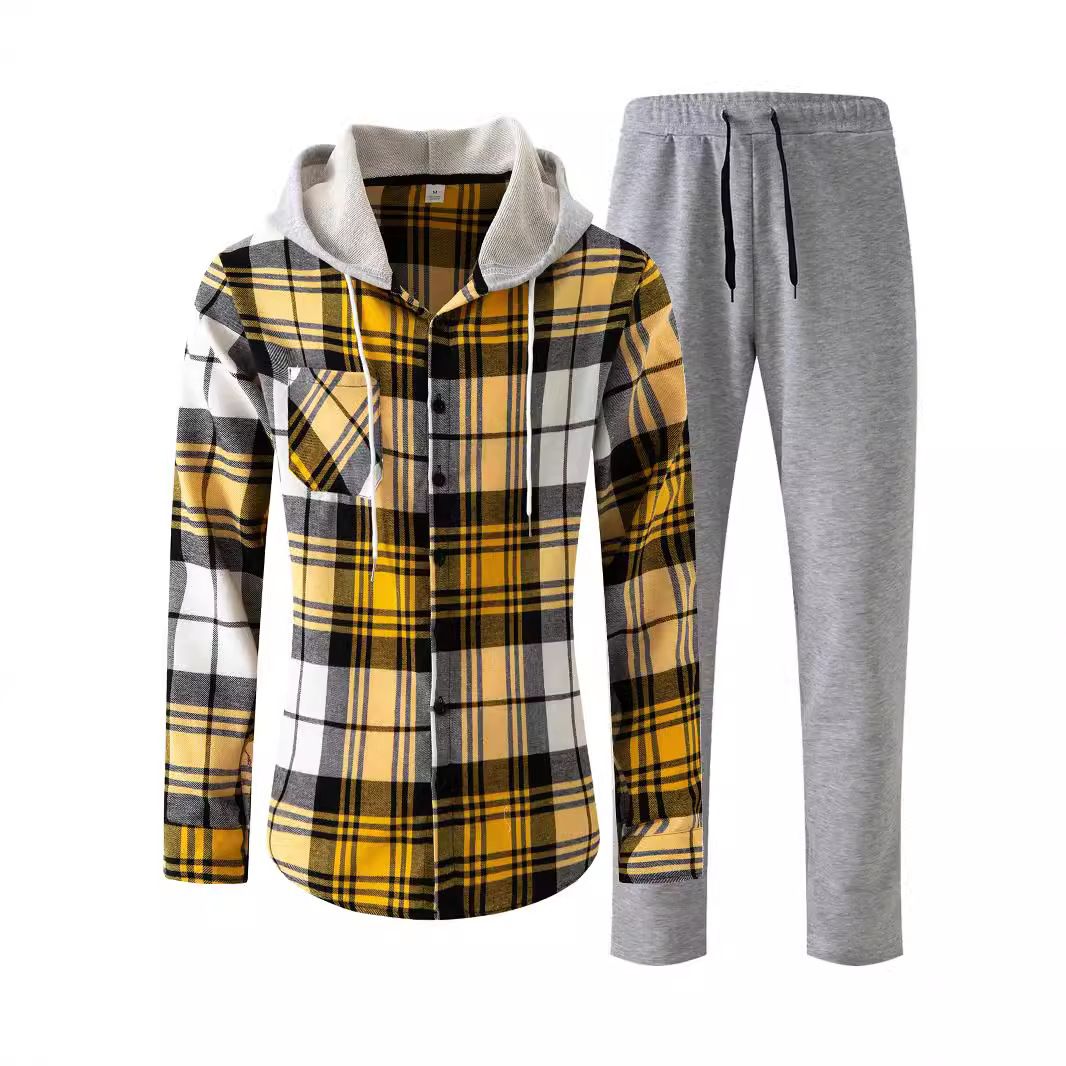 Spring and Autumn New Men's Casual Sports Set with Hooded Long Sleeve Pants and Checkered Shirt Set for Men  Two-Piece Outfits