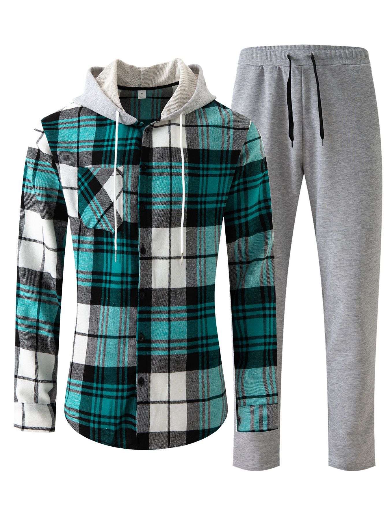 Spring and Autumn New Men's Casual Sports Set with Hooded Long Sleeve Pants and Checkered Shirt Set for Men  Two-Piece Outfits