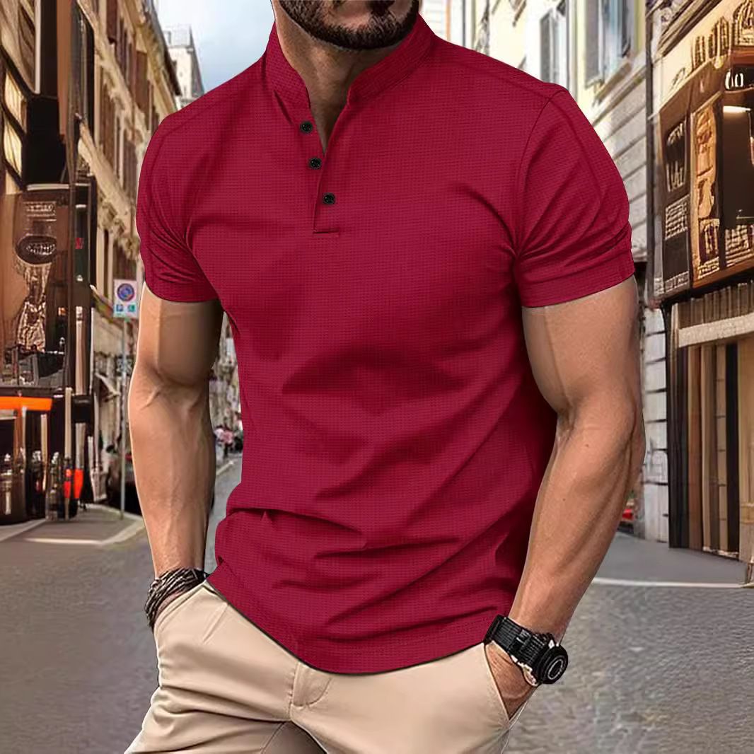 wholesale henry neck men's t shirt soft cotton blend three buttons collar top short sleeve casual t shirts