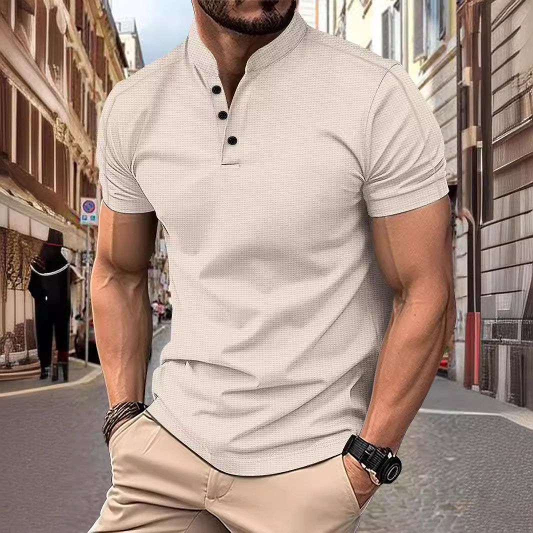 wholesale henry neck men's t shirt soft cotton blend three buttons collar top short sleeve casual t shirts
