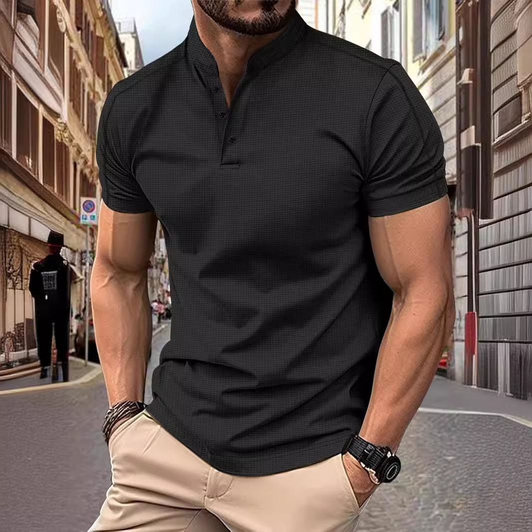 wholesale henry neck men's t shirt soft cotton blend three buttons collar top short sleeve casual t shirts