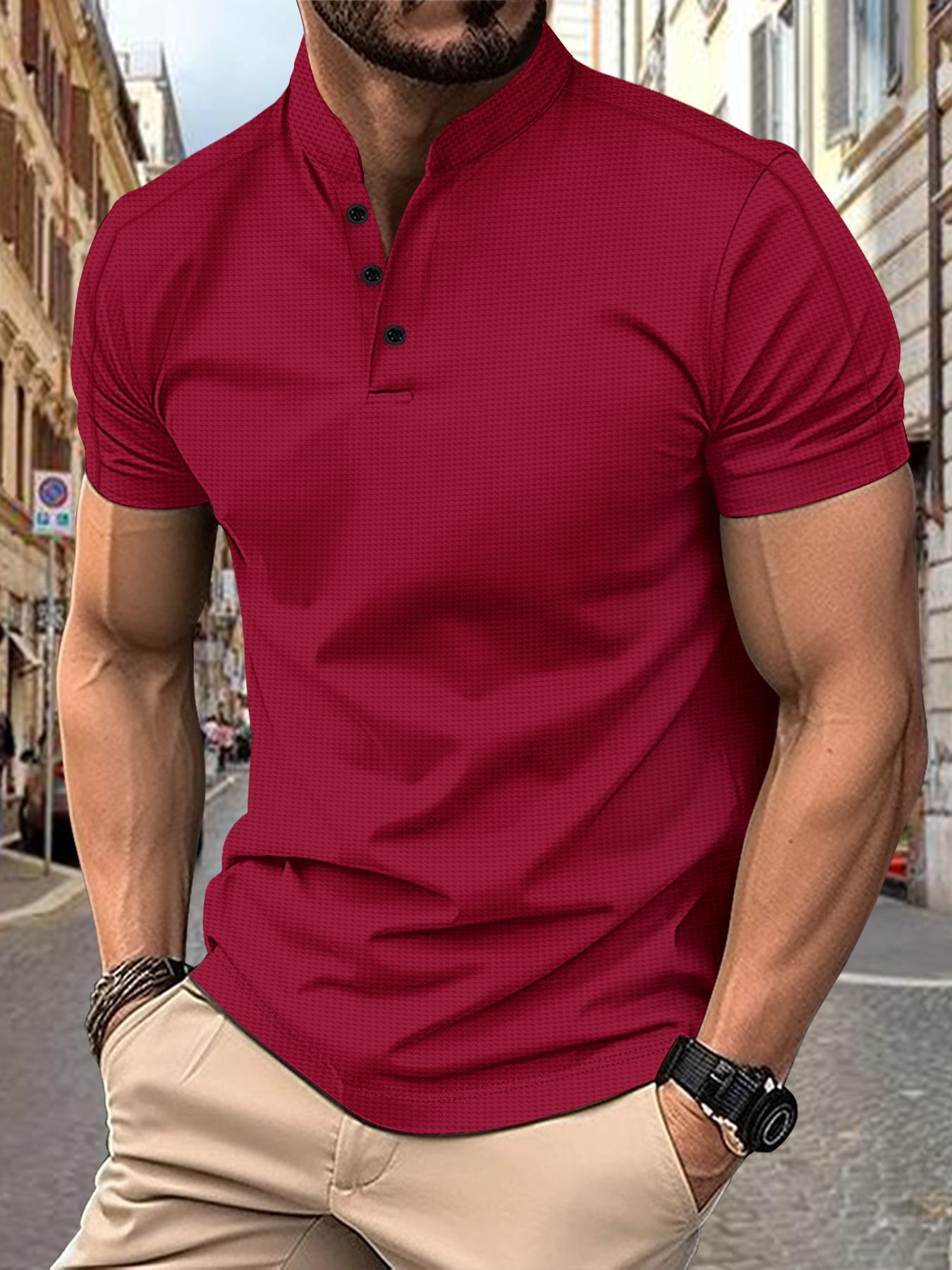 wholesale henry neck men's t shirt soft cotton blend three buttons collar top short sleeve casual t shirts